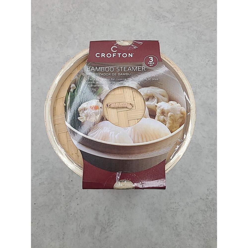 Crofton  3 Piece 2 Tiered Natural Bamboo Dumpling Steamer Basket with Lids NEW